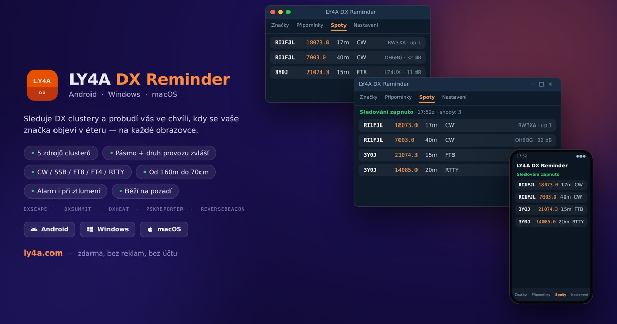 LY4A DX Reminder - sledování DX clusterů pro iPhone, Android, Windows a Mac