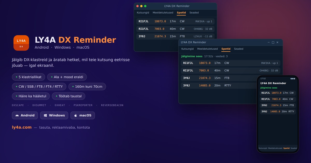 LY4A DX Reminder - DX-klastrite jälgimine iPhone'ile, Androidile, Windowsile ja Macile