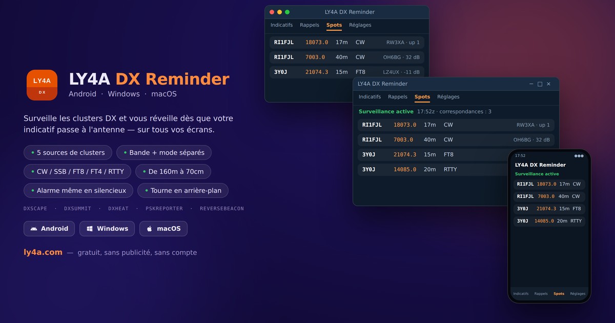 LY4A DX Reminder - surveillance des clusters DX pour iPhone, Android, Windows et Mac
