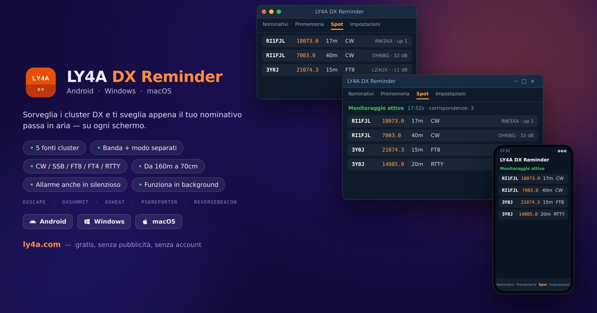 LY4A DX Reminder - monitoraggio dei cluster DX per iPhone, Android, Windows e Mac