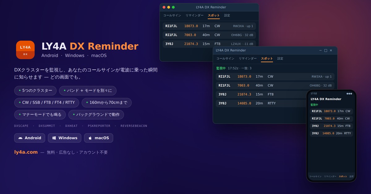 LY4A DX Reminder - iPhone・Android・Windows・Mac 用の DX クラスター監視