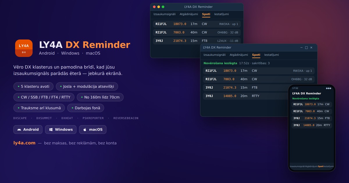 LY4A DX Reminder - DX klasteru novērošana iPhone, Android, Windows un Mac ierīcēm