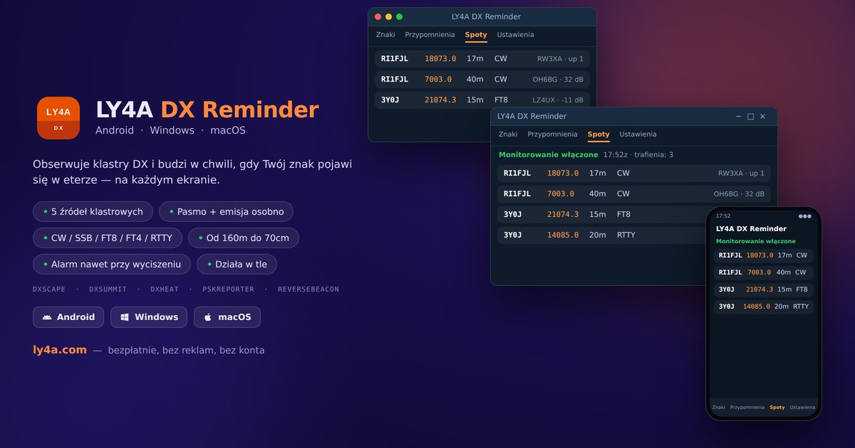 LY4A DX Reminder - monitorowanie klastrów DX na iPhone'a, Androida, Windows i Maca