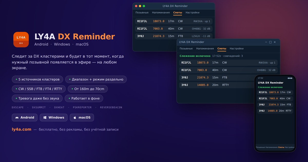 LY4A DX Reminder - слежение за DX кластерами для iPhone, Android, Windows и Mac